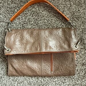 Brown and tan leather bag two tone embossed fold over